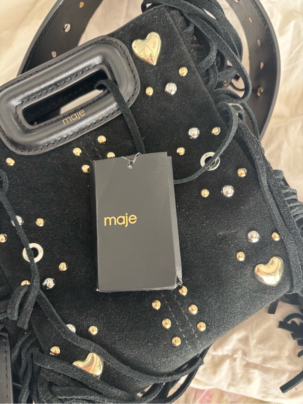Maje Black Suede Fringe Crossbody with Gold Heart Studs - Picture 4 of 7